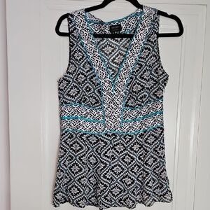 Nicole Miller Black and Blue Patterned Sleveless Blouse, Light, Sheer, Sz 8